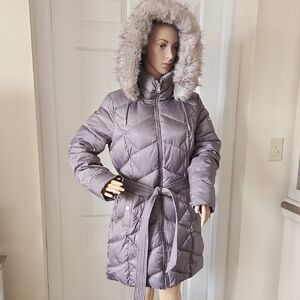 Women's Quilted Hooded Jacket with Faux Fur Trim - Gray Medium